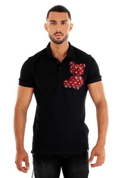 MEN GEORGE V BLACK/ RED TEDDY BEAR GLITTERY POLO