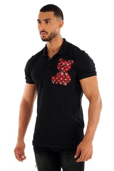 MEN GEORGE V BLACK/ RED TEDDY BEAR GLITTERY POLO