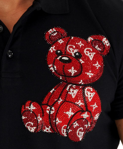 MEN GEORGE V BLACK/ RED TEDDY BEAR GLITTERY POLO