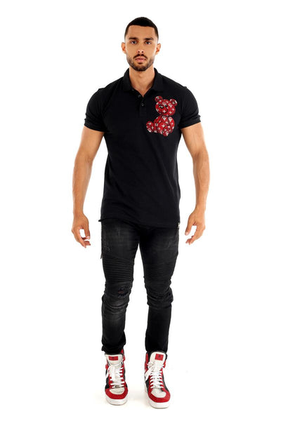 MEN GEORGE V BLACK/ RED TEDDY BEAR GLITTERY POLO