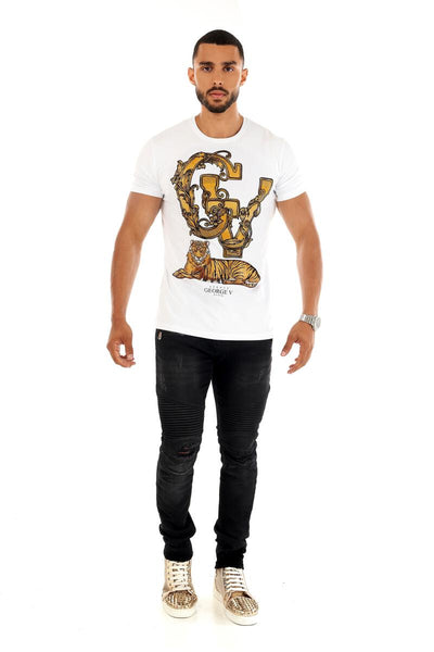 MEN GEORGE V WHITE WITH GOLD TIGER GLITTERY GOLD TSHIRT