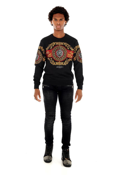 MEN GEORGE V BLACK RED CHEST LION GLITTERY CREW