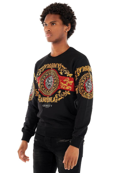 MEN GEORGE V BLACK RED CHEST LION GLITTERY CREW