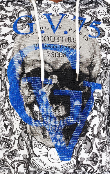 MEN GEORGE V WHITE/ BLUE WITH GV SKULL HEAD GLITTERY HOODIE