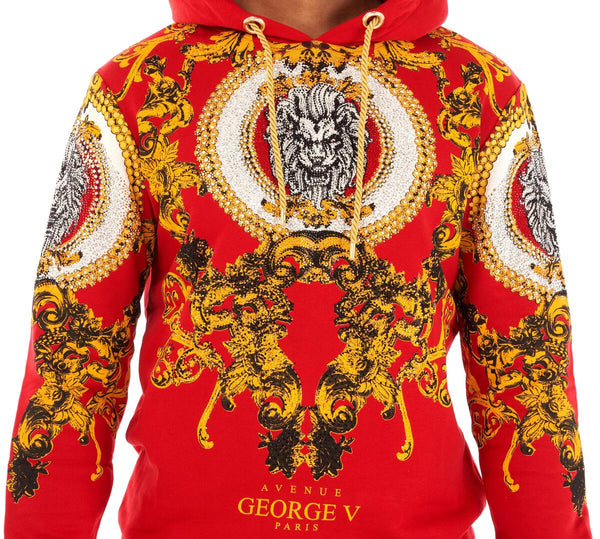 MEN GEORGE V RED/ WHITE/ GOLD LION HEAD GLITTERY HOODIE