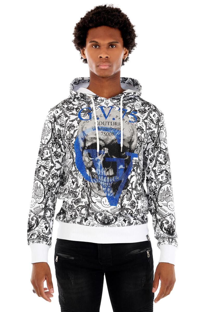 MEN GEORGE V WHITE/ BLUE WITH GV SKULL HEAD GLITTERY HOODIE