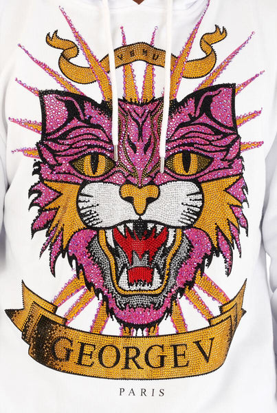 MEN WHITE GEORGE V PINK CAT GLITTERY HOODIE