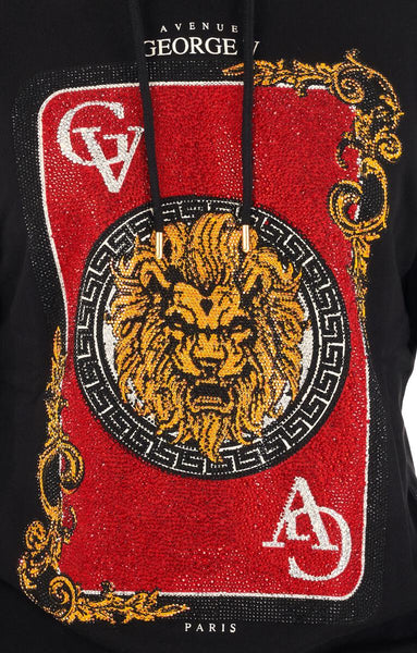 MEN GEORGE V BLACK GLITTERY RED LION KING CARD HOODIE