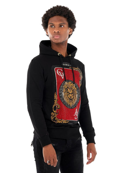 MEN GEORGE V BLACK GLITTERY RED LION KING CARD HOODIE