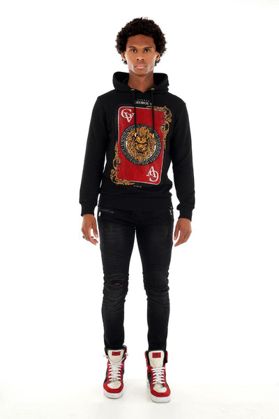 MEN GEORGE V BLACK GLITTERY RED LION KING CARD HOODIE