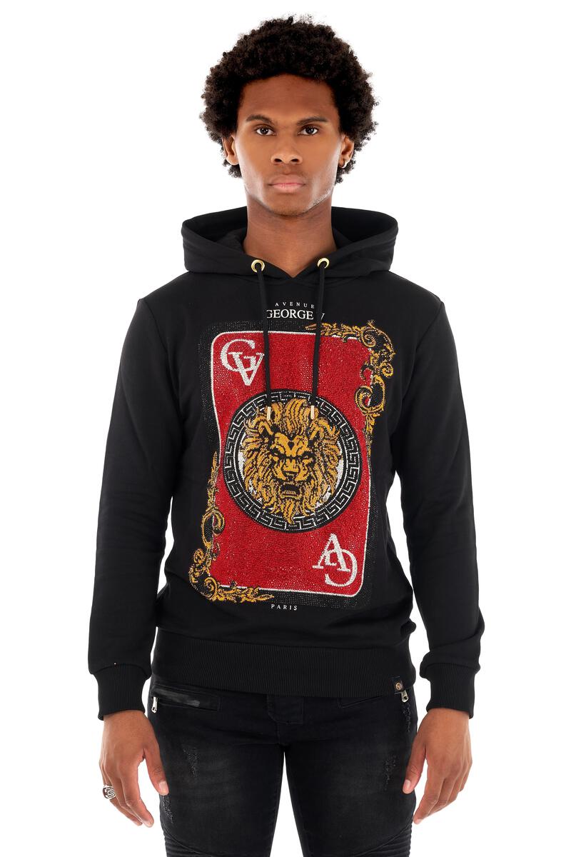 MEN GEORGE V BLACK GLITTERY RED LION KING CARD HOODIE