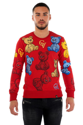 MEN GEORGE V RED ALL OVER TEDDY BEAR GLITTERY CREW