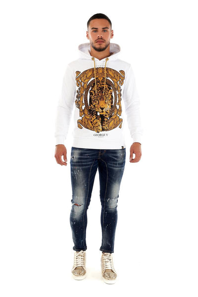 MEN WHITE GEORGE V GLITTERY GOLD FRAMED TIGER HOODIE