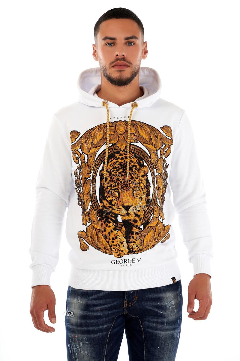 MEN WHITE GEORGE V GLITTERY GOLD FRAMED TIGER HOODIE