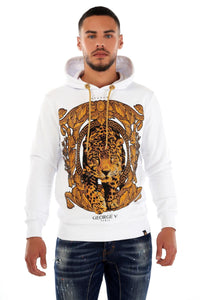 MEN WHITE GEORGE V GLITTERY GOLD FRAMED TIGER HOODIE