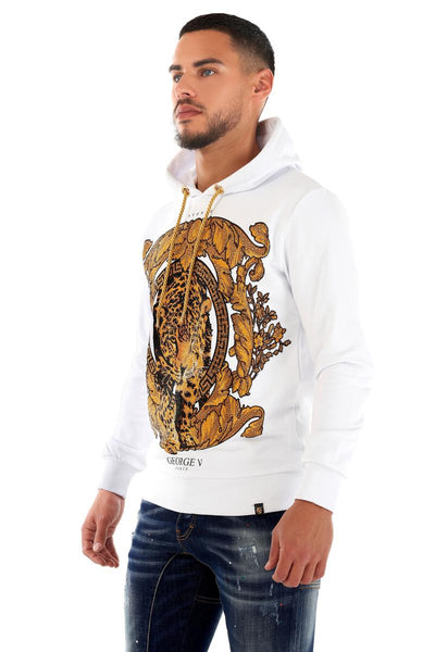 MEN WHITE GEORGE V GLITTERY GOLD FRAMED TIGER HOODIE