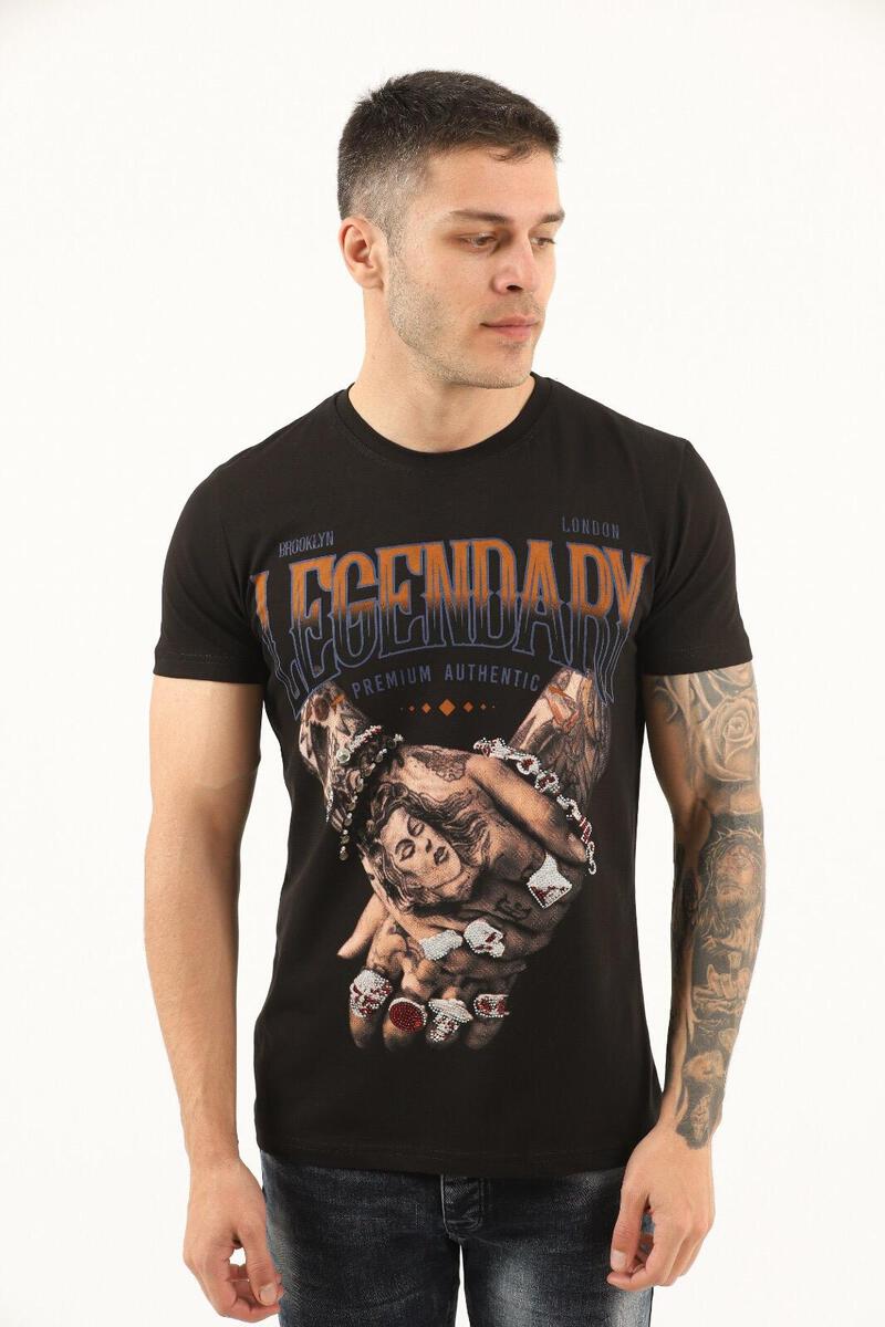 MENS BLACK LEGENDARY HANDS GITTERY RHINESTONE TEE