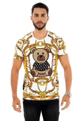 MEN GEORGE V WHITE CHAIN TEDDY BEAR GLITTERY TSHIRT