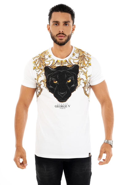 MEN GEORGE V WHITE WITH BLACK PANTER HEAD GLITTERY GOLD TSHIRT