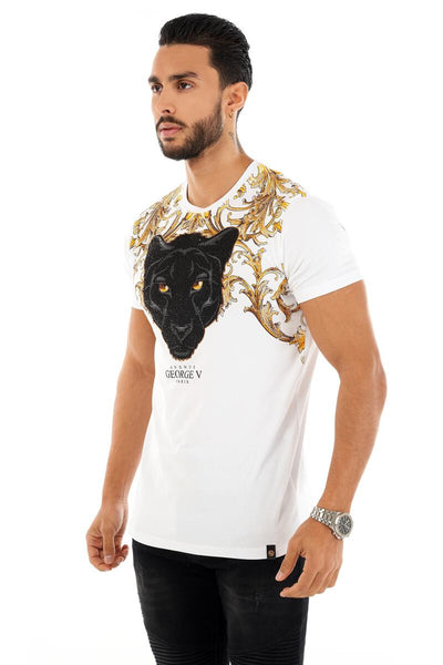 MEN GEORGE V WHITE WITH BLACK PANTER HEAD GLITTERY GOLD TSHIRT