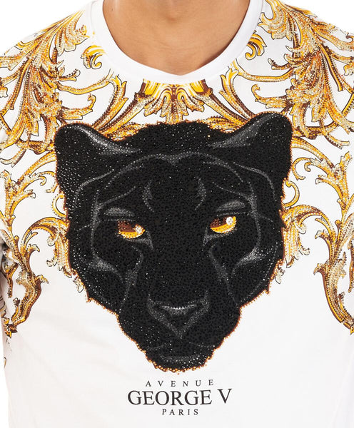 MEN GEORGE V WHITE WITH BLACK PANTER HEAD GLITTERY GOLD TSHIRT