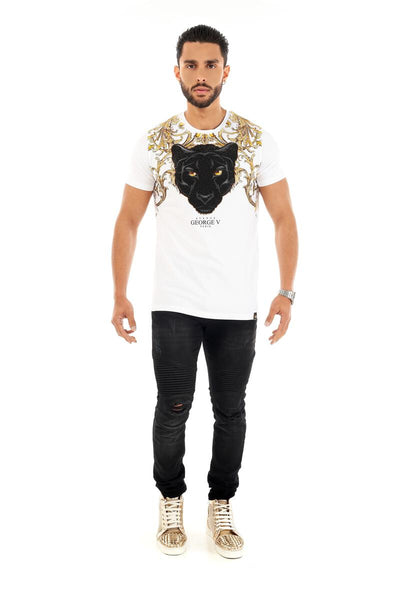 MEN GEORGE V WHITE WITH BLACK PANTER HEAD GLITTERY GOLD TSHIRT