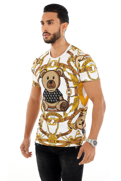 MEN GEORGE V WHITE CHAIN TEDDY BEAR GLITTERY TSHIRT