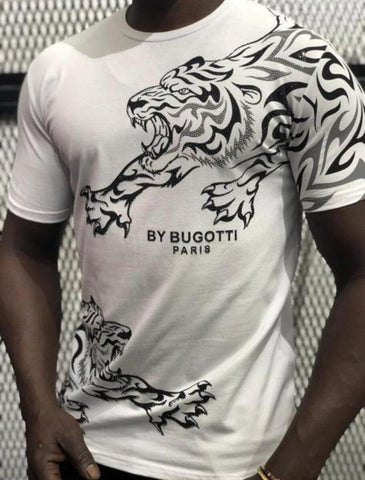 MENS WHITE BUGGOTTI TIGER GITTERY RHINESTONE TEE