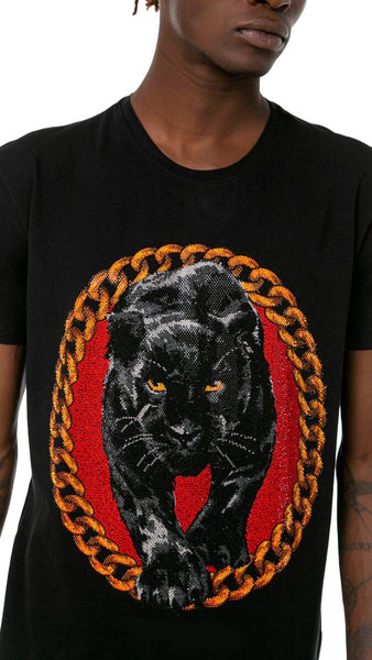 MENS BLACK PANTER GLITTER RHINSTONE TEE