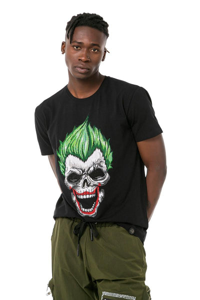 MENS BLACK JOKER GLITTER RHINSTONE TEE