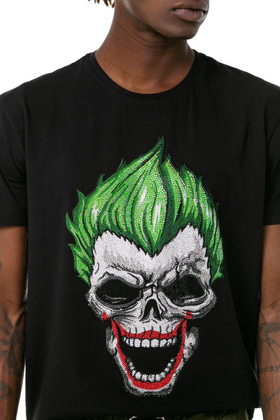 MENS BLACK JOKER GLITTER RHINSTONE TEE