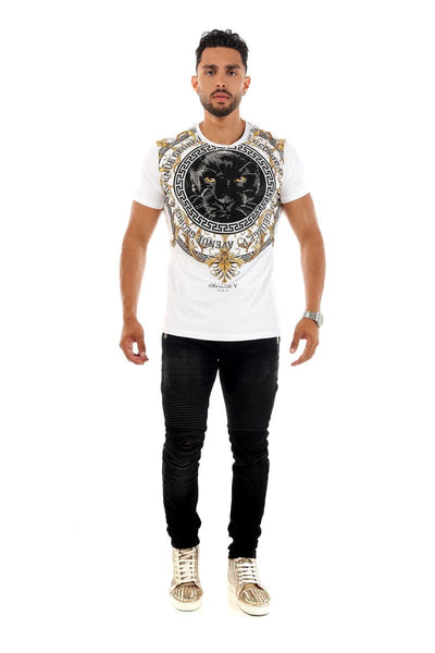 MEN GEORGE V WHITE WITH BLACK PANTER FACE GLITTERY GOLD TSHIRT