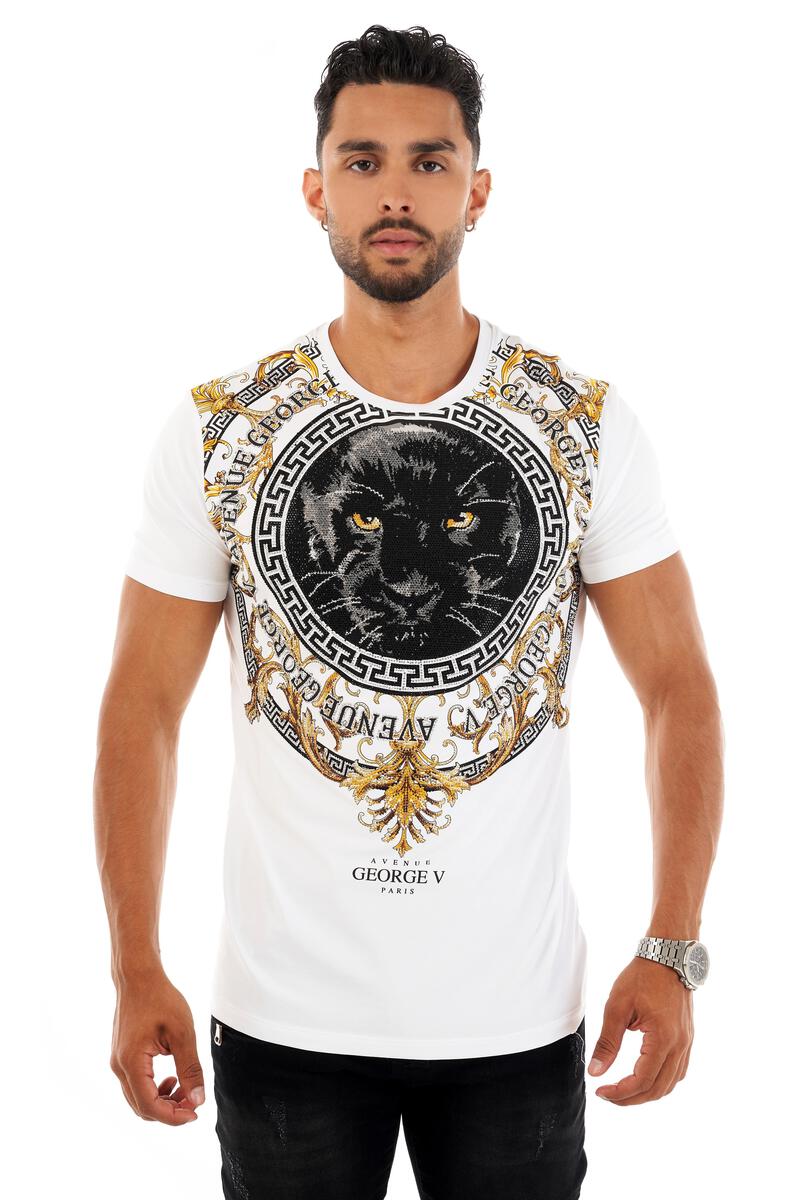 MEN GEORGE V WHITE WITH BLACK PANTER FACE GLITTERY GOLD TSHIRT