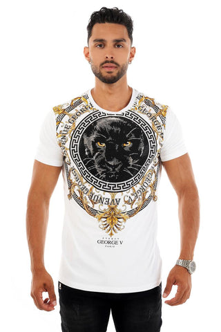 MEN GEORGE V WHITE WITH BLACK PANTER FACE GLITTERY GOLD TSHIRT