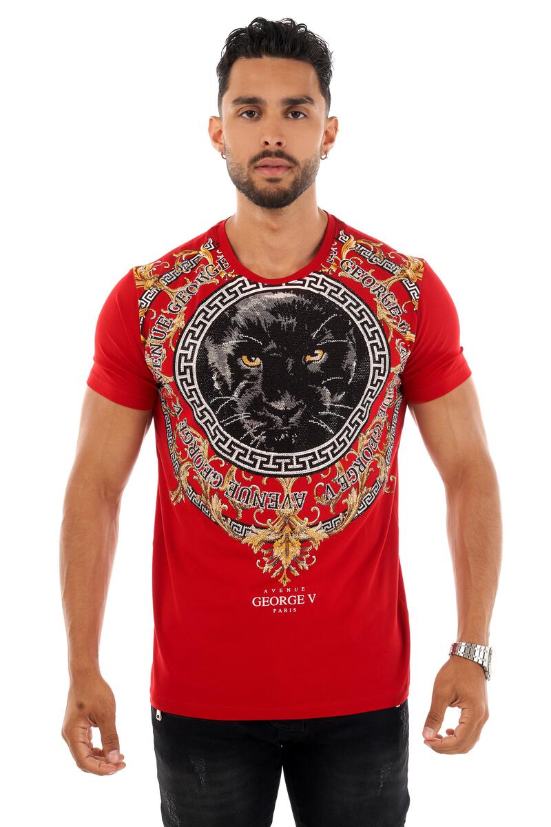 MEN GEORGE V RED WITH BLACK PANTER FACE GLITTERY GOLD TSHIRT