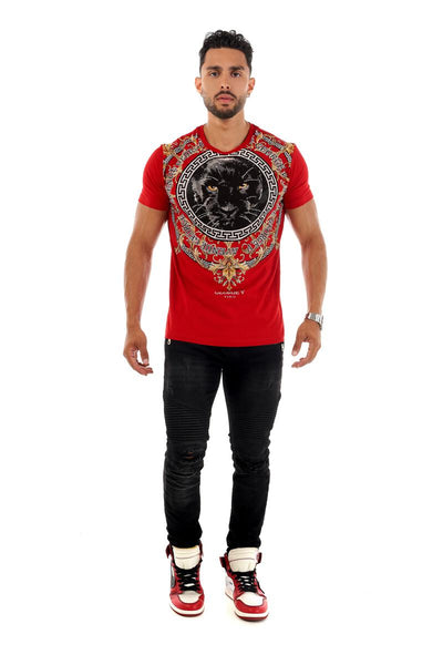 MEN GEORGE V RED WITH BLACK PANTER FACE GLITTERY GOLD TSHIRT