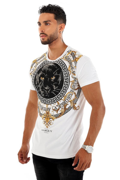 MEN GEORGE V WHITE WITH BLACK PANTER FACE GLITTERY GOLD TSHIRT