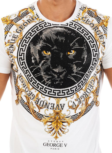 MEN GEORGE V WHITE WITH BLACK PANTER FACE GLITTERY GOLD TSHIRT