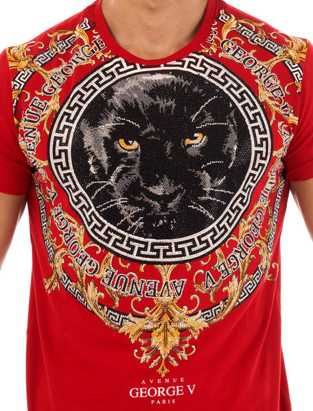 MEN GEORGE V RED WITH BLACK PANTER FACE GLITTERY GOLD TSHIRT