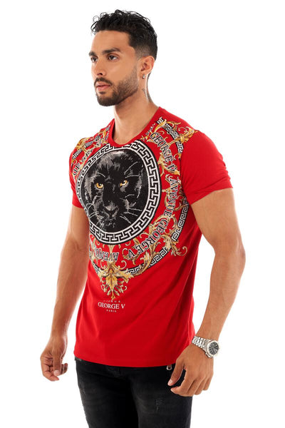 MEN GEORGE V RED WITH BLACK PANTER FACE GLITTERY GOLD TSHIRT