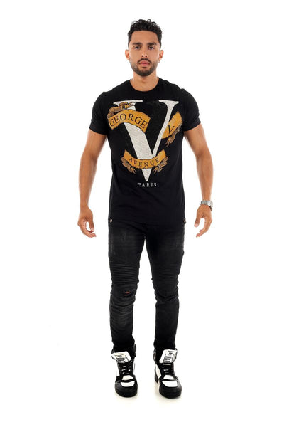 MEN GEORGE V BLACK/ GOLD V BANNER GLITTERY TSHIRT