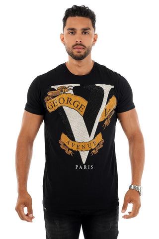 MEN GEORGE V BLACK/ GOLD V BANNER GLITTERY TSHIRT