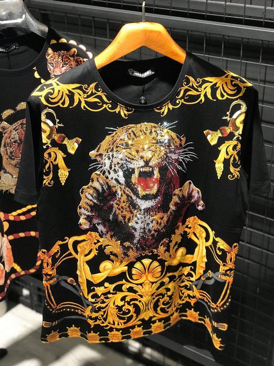 MENS BLACK ATTACK TIGER GLITTER RHINSTONE TEE