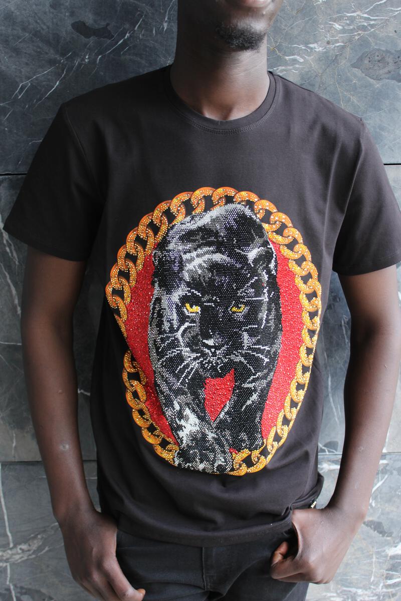 MENS BLACK PANTER GLITTER RHINSTONE TEE