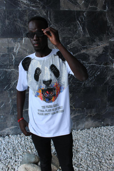 MENS WHITE PANDA BEAR GLITTER RHINSTONE TEE