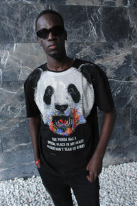 MENS BLACK PANDA BEAR GLITTER RHINSTONE TEE