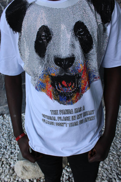 MENS WHITE PANDA BEAR GLITTER RHINSTONE TEE