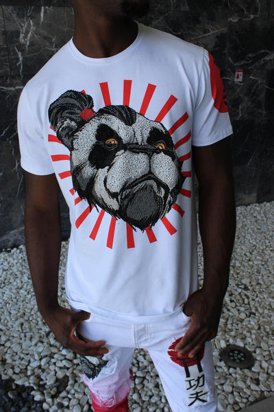 MENS WHITE SUN PANDA GLITTER RHINSTONE TEE