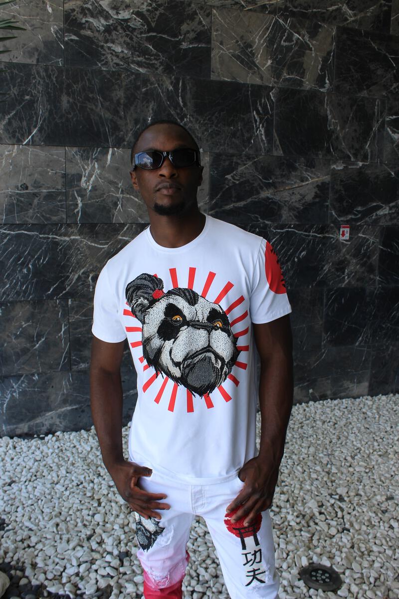 MENS WHITE SUN PANDA GLITTER RHINSTONE TEE