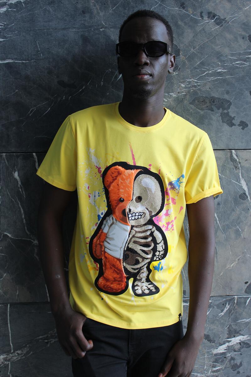 MENS YELLOW SKELETON BEAR 3D GLITTER TEE